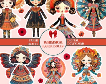 WHIMSICAL PAPER DOLLS and Sceneries Printable Kit Junk Journal Dolls Scrapbook Supplies Folkloric Doll Fussy Cuts Quirky Paper Dolls Digital