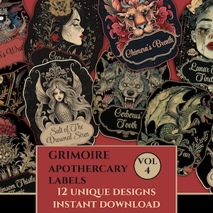 May include: A collection of 12 unique apothecary labels with gothic illustrations. Each label features a different design, including a mermaid, a dragon, and a lion. The labels are black with gold accents and are labeled with names like "Chimera's Breath" and "Cerberus' Tooth". The text "Grimoire Apothecary Labels" is also visible.