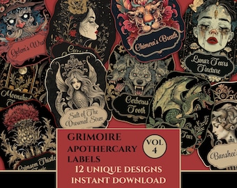 Grimoire Apothecary Labels, Vintage Witchy Potions, Halloween Book of Shadows, Gothic Elixirs, Fussy Cuts, Witch Apothecary Ephemera DIGITAL