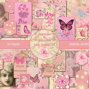 Rosa Rosen & Schmetterlinge Romanze Junk Journal Kit Shabby Chic Collage Sheets Scrapbook Zubehör Pink Ephemera Pack Vintage Junk Journal Seiten
