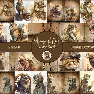 Steampunk Cats Junk Journal Pages, Steampunk Ephemera Pack, Steampunk Scrapbook Supplies, Collage Sheets, Grundge Cat Ephemera PRINTABLE