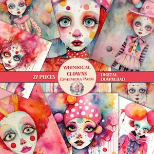 Paquete de efímeras de payaso caprichoso de acuarela Hojas de collage de circo imprimibles Suministros de diario basura caprichoso Kit de álbum de recortes de payasos Paquete de payaso