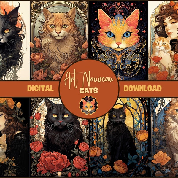 Art Nouveau CATS Junk Journal Pages DIGITAL Artist Trading Cards Cat Scrapbook Supplies Cat Illustrations Cat Ephemera Pack Cat Printables
