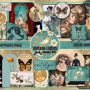 Pagine di diario spazzatura vintage da donna STAMPABILE Donne vittoriane Ephemera Pack Scrapbook Forniture Tagli pignoli vittoriani Fogli di collage DIGITALI