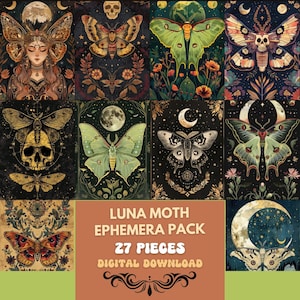 May include: A digital download pack of 27 printable images featuring luna moths, skulls, and crescent moons. The images are in a dark, whimsical style with gold accents and floral details. The text "Luna Moth Ephemera Pack 27 Pieces Digital Download" is displayed on a brown background.