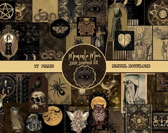 May include: A digital download kit of 27 pages of black and gold themed scrapbook paper with images of owls, skulls, snakes, spiders, and other gothic imagery. The kit is titled "Memento Mori Junk Journal Kit".