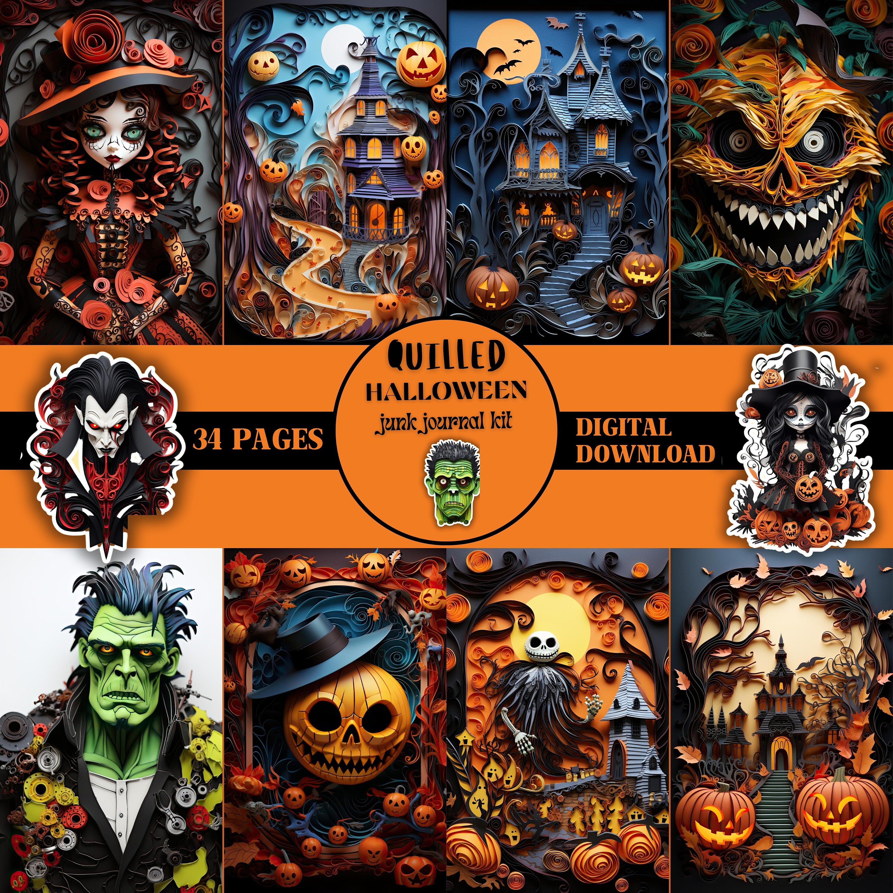 QUILLED Halloween Junk Journal Kit Spooky Ephemera PRINTABLE Scrapbook Supplies Halloween Ephemera Quilled Paper Art 3D Halloween Pages