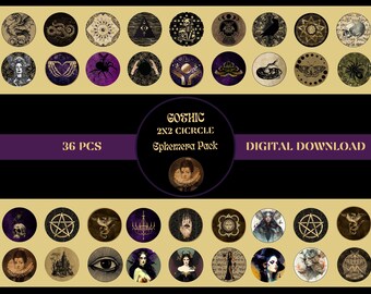 May include: A set of 36 digital printable circle graphics in a gothic theme. The graphics feature various images including skulls, eyes, spiders, pentagrams, and more. The graphics are perfect for scrapbooking, card making, and other crafting projects.