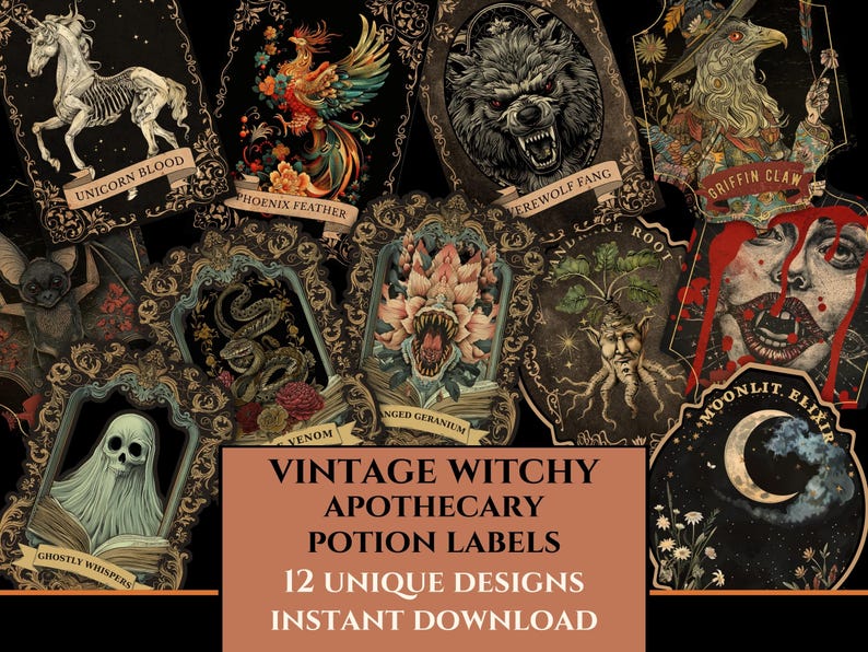 Wicked Elixir Labels Grimoire Label Apothecary Vintage Witchy Potion Labels Junk Journal ...