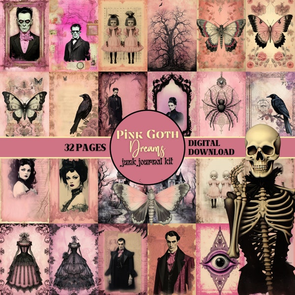 Pink Goth Dreams Junk Journal Digital Downloaded Ephemera Pastel Witchy Kit Gothic Scrapbook Supplies Wiccan Collage Sheets Creepy Images