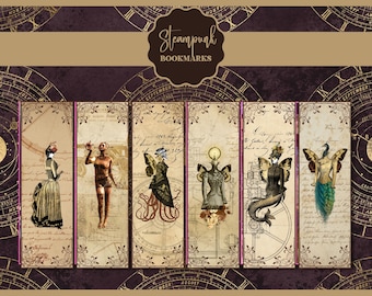 Puede incluir: Conjunto de cinco marcapáginas de temática steampunk con ilustraciones intrincadas de mujeres con alas y elementos mecánicos. Los marcapáginas están impresos en un papel de estilo vintage con una gama de colores marrón y dorado.