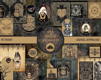 May include: A digital download kit for junk journaling with a witch occult theme. The kit includes 25 pages of images with a dark, gothic aesthetic. The images feature various symbols, creatures, and designs, including a crow, a hand with an eye, a broken heart, a moth, and a castle.