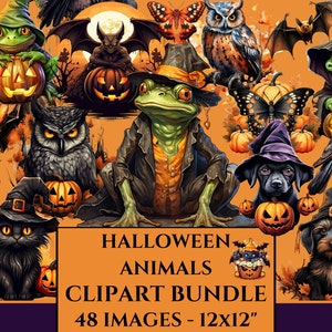 May include: A Halloween clipart bundle featuring 48 images of animals dressed in costumes. The images include a black cat, a frog, an owl, a dog, a bat, a crow, and a butterfly. The images are all in a cartoon style and are perfect for use in Halloween crafts, decorations, and invitations.