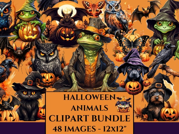 Spooky Halloween Animals PNG Clipart Bundle Halloween Images Eerie PNG Commercial Use Transparent Background Bats Dogs Cats Owls Frogs Moths