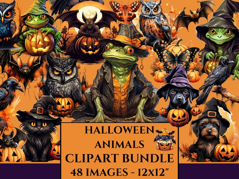 May include: A Halloween clipart bundle featuring 48 images of animals dressed in costumes. The images include a black cat, a frog, an owl, a dog, a bat, a crow, and a butterfly. The images are all in a cartoon style and are perfect for use in Halloween crafts, decorations, and invitations.