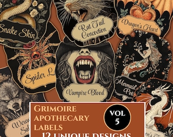 Grimoire Apothecary Labels, Vintage Witchy Potions, Book of Shadows, Halloween Craft Supplies, Fussy Cuts, Witch Apothecary Ephemera DIGITAL