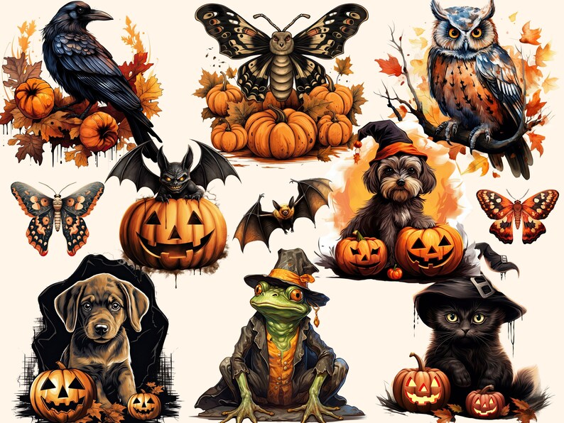 May include: A collection of Halloween-themed illustrations featuring a black crow, a butterfly, a bat, a pumpkin, a frog wearing a witch's hat, a black cat wearing a witch's hat, a dog wearing a Santa hat, and an owl.