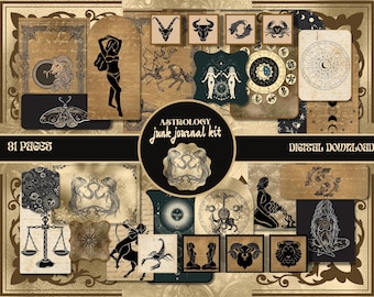 Astrology Junk Journal Kit Printable Zodiac Ephemera Horoscope Collage Sheets Scrapbook Supplies Zodiac Junk Journal Pages DIGITAL ephemera