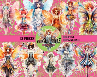 Puede incluir: Doce imágenes digitales de hadas caprichosas con alas y vestidos coloridos. Las hadas están en varias poses y tienen diferentes peinados. Las imágenes están etiquetadas como "Whimsical Fairies Fussy Cuts" y "Descarga digital".