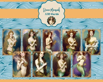 May include: A set of Rococo Mermaid ATC Cards. Each card showcases a detailed illustration of a mermaid with flowing hair, decorated with floral and aquatic elements. The cards are set against a blue and gold background with wave patterns.