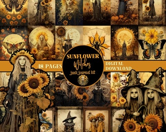May include: A digital download of 48 pages of printable junk journal kit featuring sunflower and witch illustrations. The kit is titled "Sunflower Witches Junk Journal Kit".