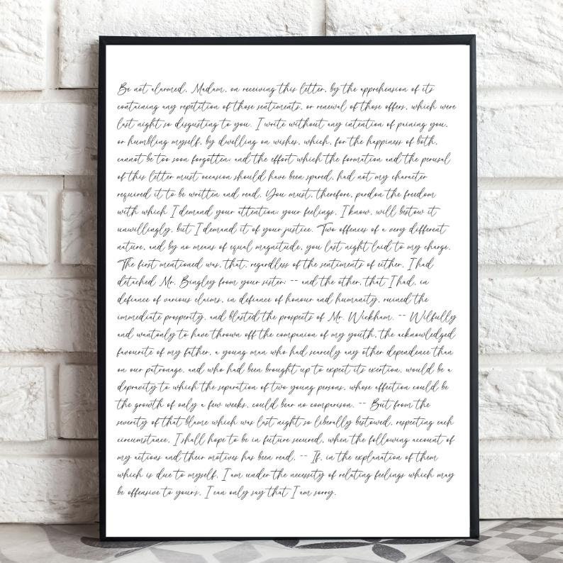 Mr Darcy's Letter to Elizabeth Wall Art Print Pride and Etsy