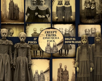 Victorian Creepy Twins Spooky Ephemera Pack PRINTABLE Vintage Oddities Photos Eerie Junk Journal Kit Dark Academia Horror Scrapbook Supplies