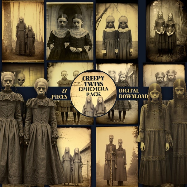 Victorian Creepy Twins Spooky Ephemera Pack PRINTABLE Vintage Oddities Photos Eerie Junk Journal Kit Dark Academia Horror Scrapbook Supplies