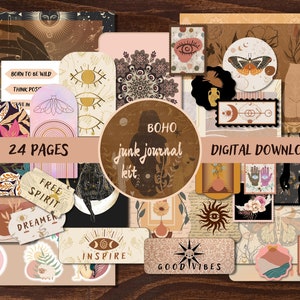 BOHO Junk Journal Kit Boho Ephemera Pack BOHO Collagebladen Scrapbookbenodigdheden DIGITALE Junk Journal Pagina's Boho Ephemera Tags Zakken