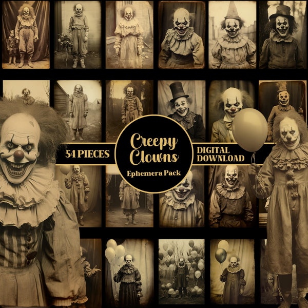 Creepy Killer Clowns Spooky Ephemera Pack PRINTABLE Vintage Oddities Photos Creepy Junk Journal Kit Dark Academia Horror Scrapbook Supplies