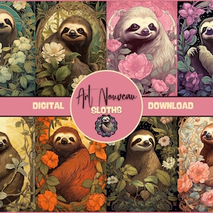 Art Nouveau Sloths Junk Journal Pages DIGITAL Sloth Ephemera Pack Sloth Scrapbook Supplies Sloth Printables Art Nouveau Cards Printable ATC