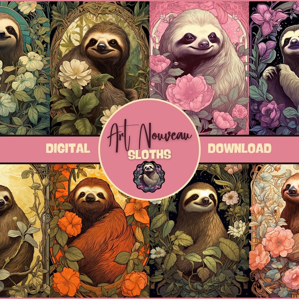 Art Nouveau Sloths Junk Journal Pages DIGITAL Sloth Ephemera Pack Sloth Scrapbook Supplies Sloth Printables Art Nouveau Cards Printable ATC