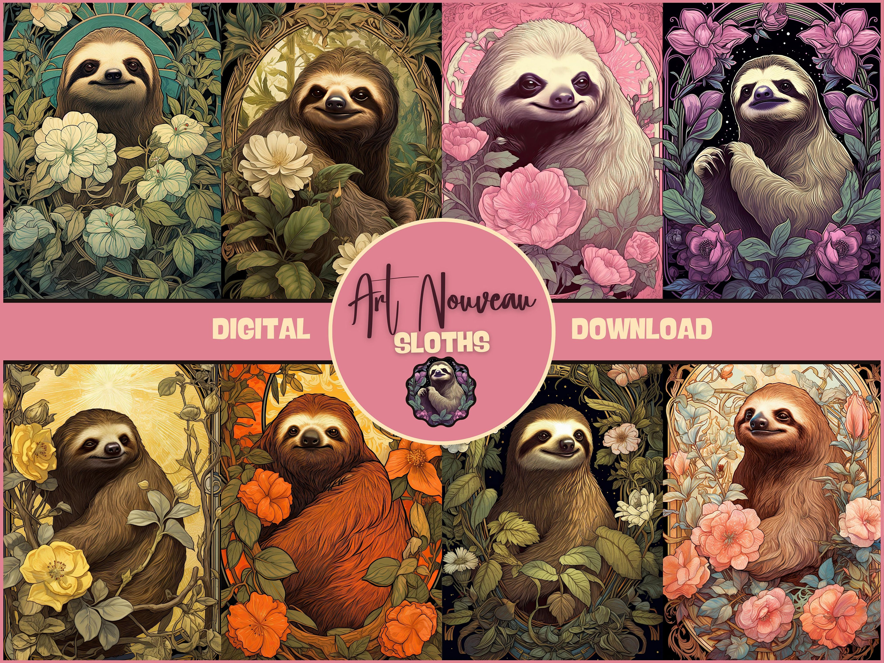 Sloth Journal Art Nouveau Sloths Junk Journal Pages DIGITAL Sloth Ephemera Pack Sloth ...