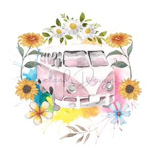 Hippie Bus PNG | Watercolor Groovy Van PNG | Floral Hippie Clipart | Pink Van Print | Hippie Art png | Sublimation Design | Digital Download
