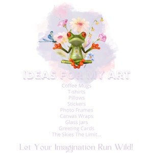 K&ouml;nnte beinhalten: Eine skurrile Illustration zeigt einen gr&uuml;nen Frosch in einer Yoga-Pose, umgeben von Blumen und einer Libelle. Der Text "IDEAS FOR MY ART" und eine Liste von Produktideen wie Kaffeetassen und T-Shirts sind enthalten. Der Satz "Let Your Imagination Run Wild!" ist ebenfalls vorhanden.