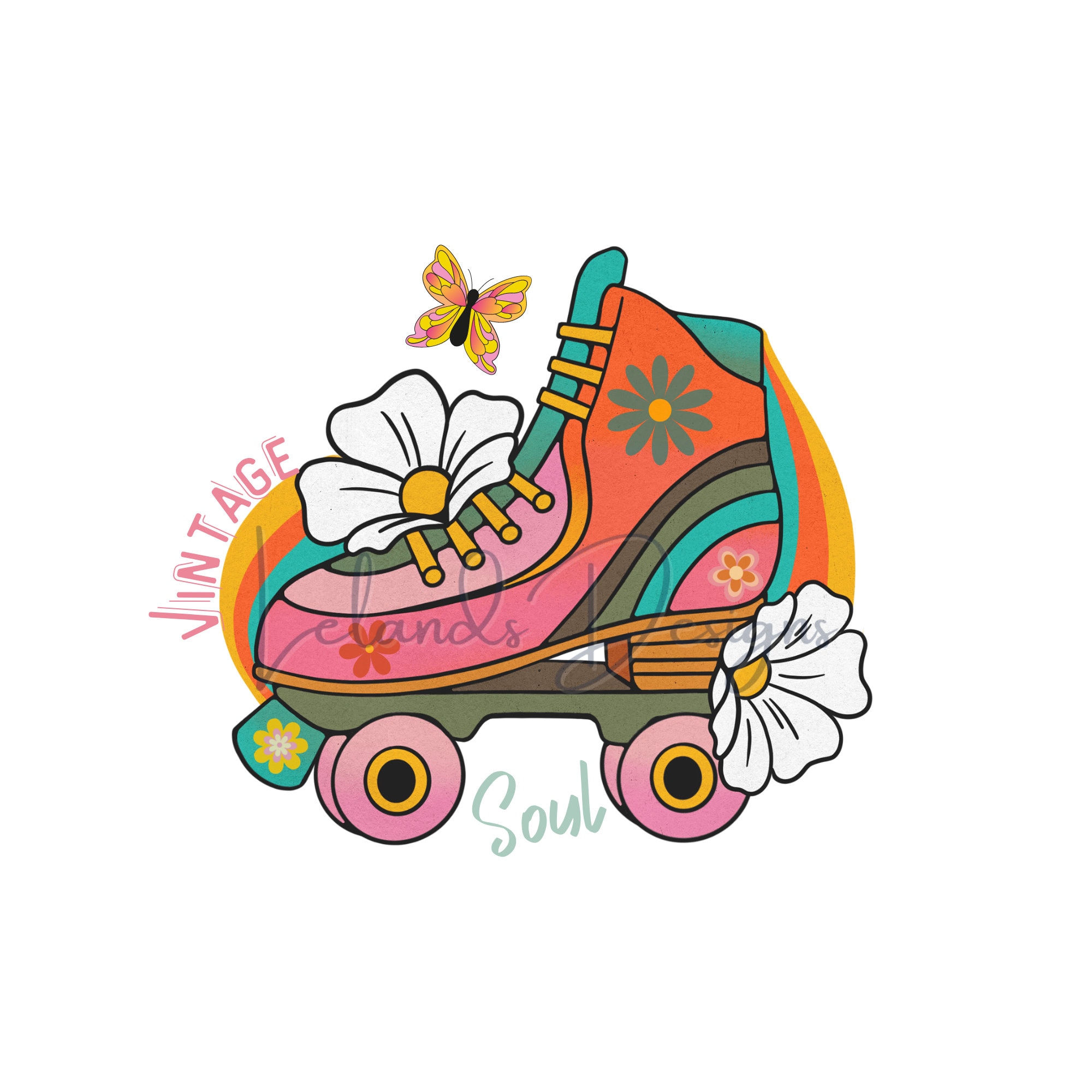 Vintage Soul Digital Art Download Hippie Roller Skates PNG 1970s Clipart Flower Child