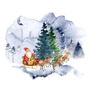 Woodland Santa PNG | Santa&#39;s Sleigh Digital png | Reindeer Download | Christmas Png | Watercolor Santa Digital File