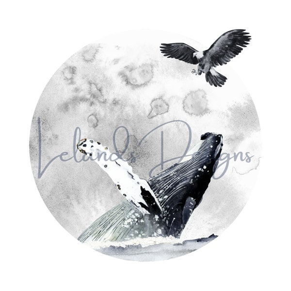 Moon Breach PNG | Watercolor Sea Life Art | Whale  and Eagle Clipart | Whale T-shirt Print | Moon Sublimation Design |  Digital Download