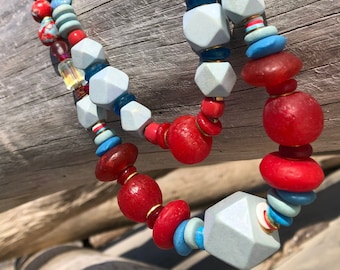 Blue and red beaded necklace, long beaded necklace, layering necklace, bold and colorful necklace, statement necklace