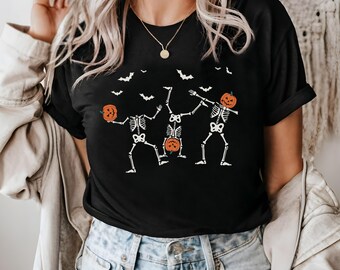 Halloween Shirt, Dancing Skeleton Pumpkin Shirt, Funny Halloween Women&#39;s Tee, Funny Shirt, Spooky Season Skeleton Tee, Halloween Party Shirt
