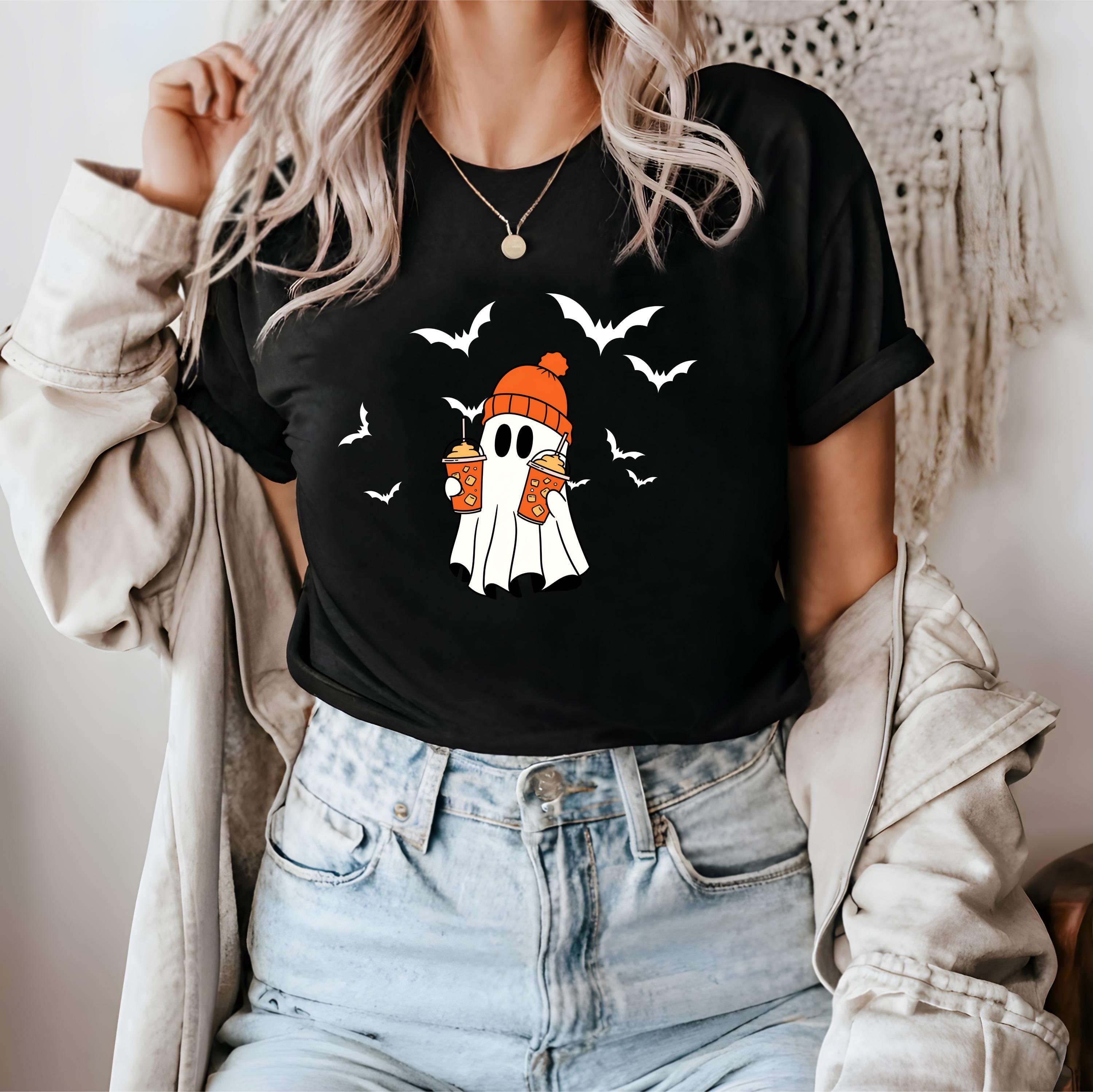Cute Ghost Shirt, Ghost and Coffee Shirt, Funny Spooky Shirt, Spooky Season Tee, Womens Ghost Shirt, Fall Ghost Shirt, Halloween Party Shirt