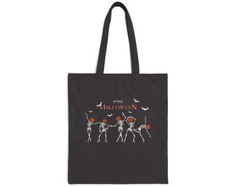 Halloween Tote Bag, Cotton Canvas Tote Bag, Dancing Skeletons Pumpkin Tote Bag, Funny Tote Bag, Spooky Skeleton Tote Bag, Pumpkin Tote Bag