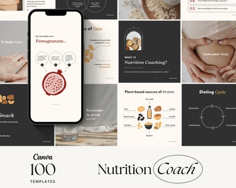 May include: A collage of images related to nutrition coaching. The images include a woman, a pomegranate, a bowl of oats, a glass of water, a plate of nuts, a diagram of the dieting cycle, and a logo for a nutrition coach. The text in the images includes "Meet Your Nutrition Coach", "Food is Medicine", "Tips for Intuitive Eating", "Love Your Body", "What is Nutrition Coaching?", "Plant-based sources of Protein", "Dieting Cycle", and "Nutrition Coach".