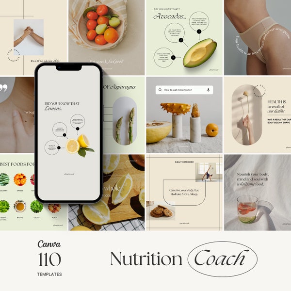 Modèles Instagram de coach en nutrition, publication de nutritionniste sur les réseaux sociaux, modèle Canva de valeur nutritive, Instagram de coach santé et bien-être