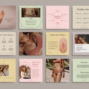 May include: A collection of nine Instagram story templates for skincare and beauty. The templates feature a variety of colors, including pink, green, yellow, and beige. The templates include text such as "Let's Talk Winter Skincare", "First Rule of Acne", "Benefits of Retinol", "4 Skincare Mistakes", "Healthy Skin Is", "Meet Your Skincare Coach", "Hydration", and "Moisturizing".