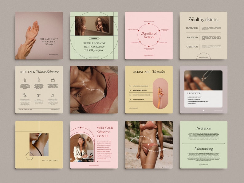 May include: A collection of nine Instagram story templates for skincare and beauty. The templates feature a variety of colors, including pink, green, yellow, and beige. The templates include text such as "Let's Talk Winter Skincare", "First Rule of Acne", "Benefits of Retinol", "4 Skincare Mistakes", "Healthy Skin Is", "Meet Your Skincare Coach", "Hydration", and "Moisturizing".