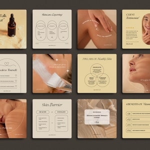 May include: A collection of nine Instagram post graphics with tips and information about skincare. The graphics feature a variety of images, including close-ups of skin, skincare products, and text overlays. The graphics are designed in a minimalist style with a neutral color palette.
