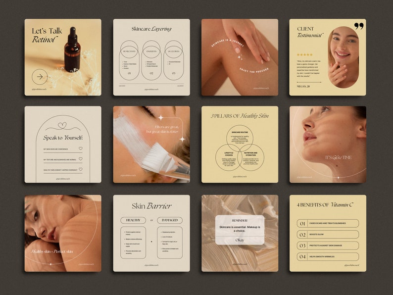 May include: A collection of nine Instagram post graphics with tips and information about skincare. The graphics feature a variety of images, including close-ups of skin, skincare products, and text overlays. The graphics are designed in a minimalist style with a neutral color palette.