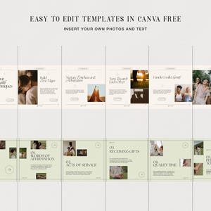 May include: A set of 8 Canva templates for relationship advice, featuring images of couples and text about love languages, building love maps, and handling conflict gently. The templates are easy to edit and can be used to create social media posts, blog articles, or other content.