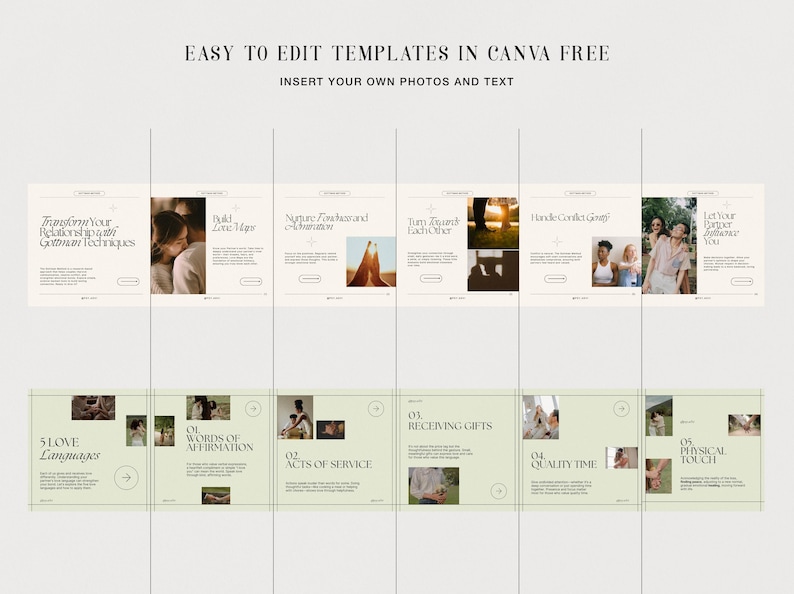 May include: A set of 8 Canva templates for relationship advice, featuring images of couples and text about love languages, building love maps, and handling conflict gently. The templates are easy to edit and can be used to create social media posts, blog articles, or other content.
